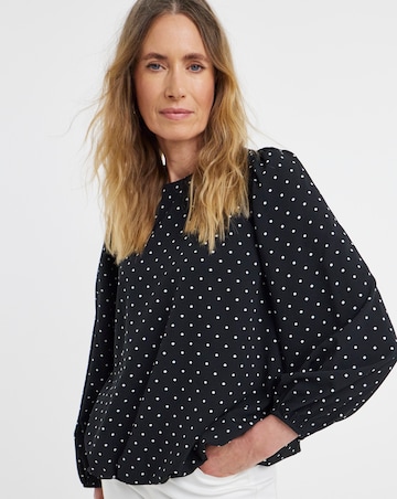 Crew Neck Blouson Sleeve Blouse - Black Spot