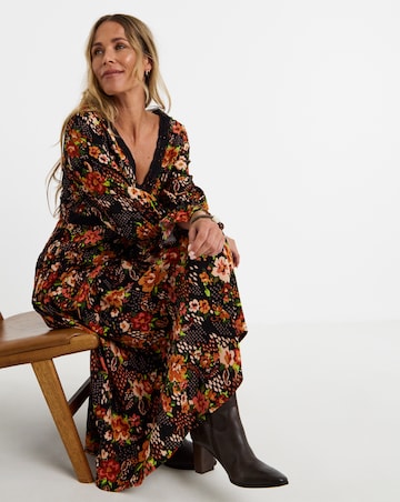 Printed Lace Trim Seam Detail Midi Dress