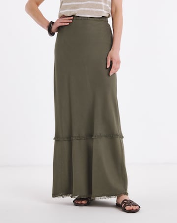 Khaki Linen Mix Frayed Hem Skirt