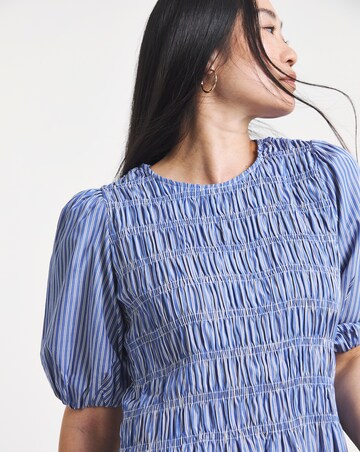 Navy Shirred Peplum Stripe Crew Neck Blouse