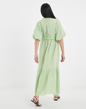 Pure Cotton Textured Bubble Sleeve Maxi Dress