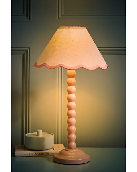 ValueLights Bobbles Rose Pink Bobbin Table Lamp with Pink Trim Scallop Shade