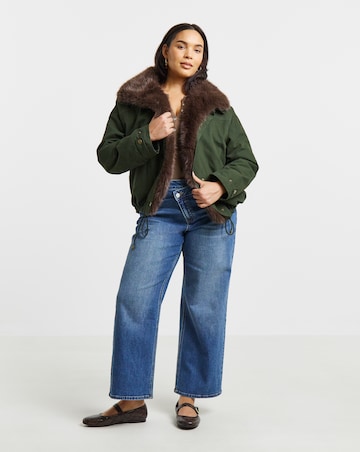 Dark Green Faux Fur Collar Parka Jacket