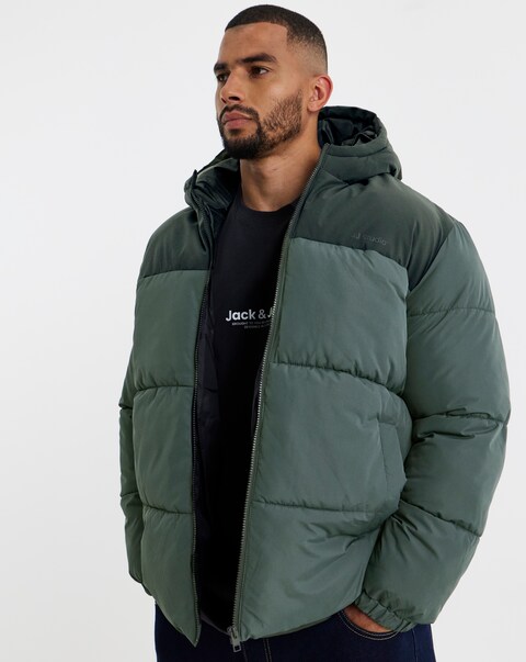 Jack & Jones Raze Hooded Puffer Coat - Grey