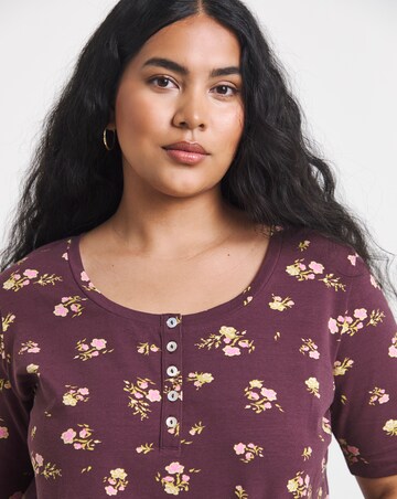 Simply Be Chocolate Floral Printed Short Sleeve Henley Top