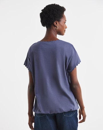 Blue Scallop V Neck Bubble Hem Top