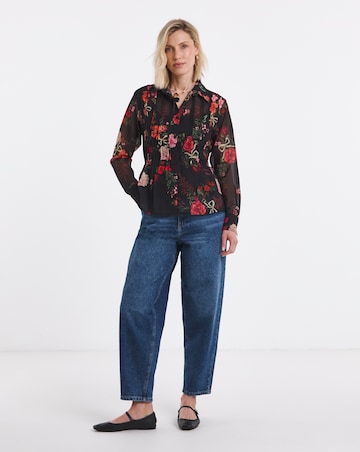 Black Floral Pintuck Peplum Hem Georgette Shirt