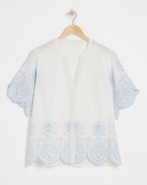 Julipa Pure Cotton Shell Embroidered Button Down Blouse