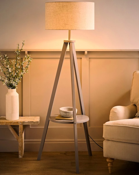 ValueLights Morrigan Grey Wood Tripod Floor Lamp with Shelf