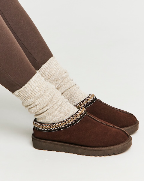 Reese Suede Embroidery Mule Snug Slippers - Wide Fit (E)