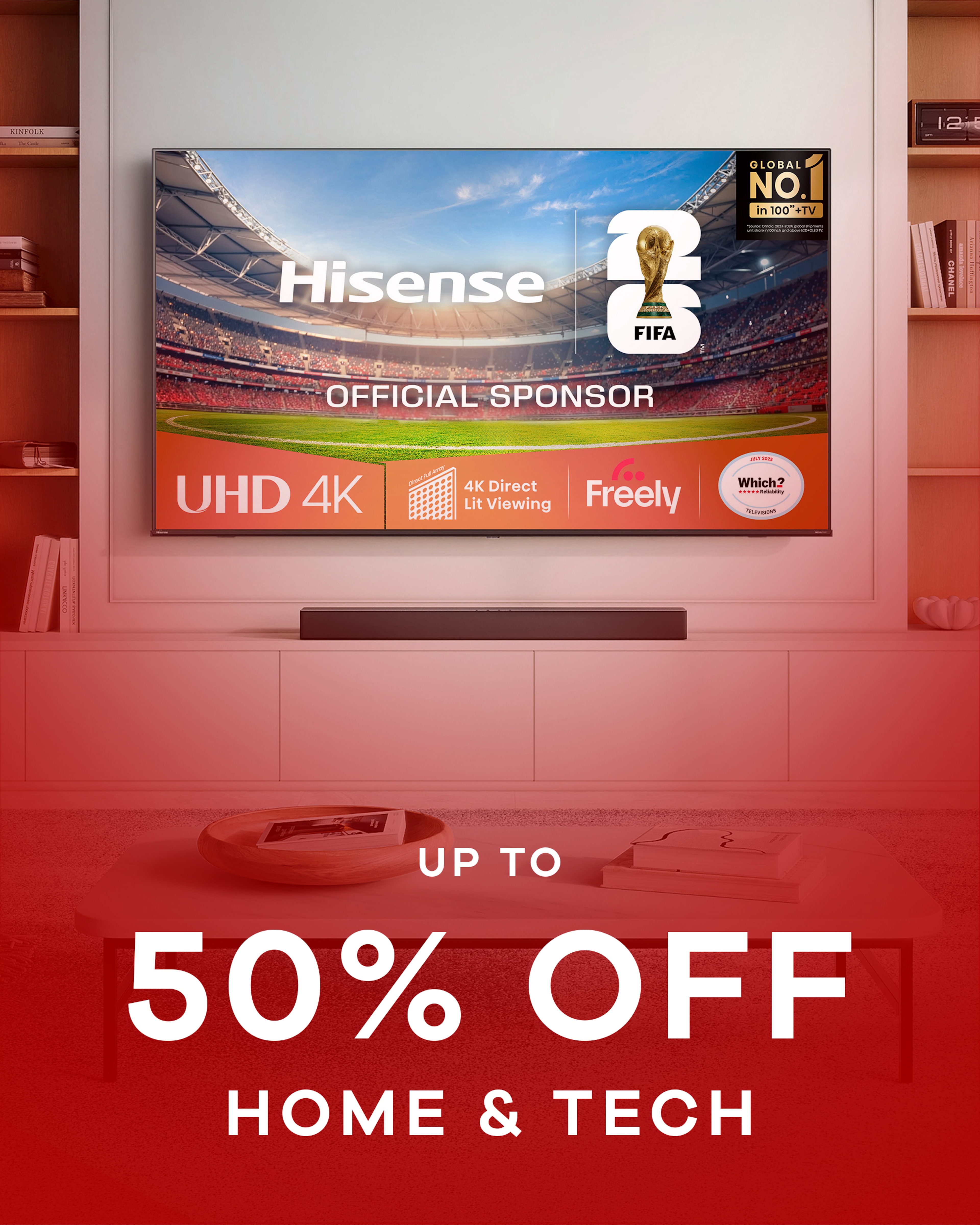 A Hisense TV mounted on a wall.