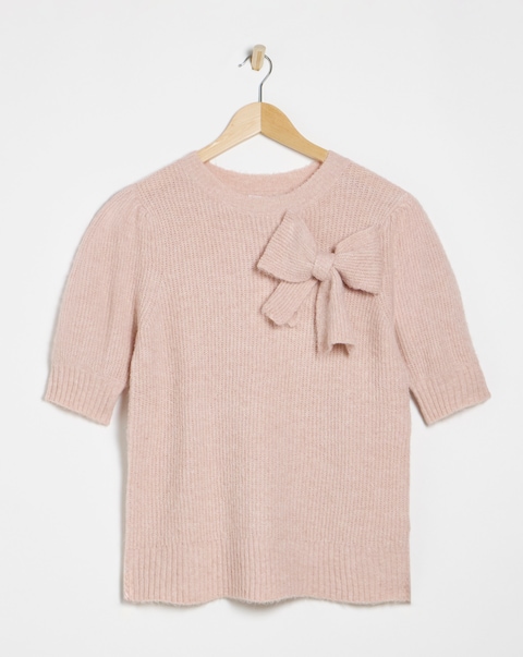 Simply Be Simply Snug Pink Puff Sleeve Bow Applique Knitted Top