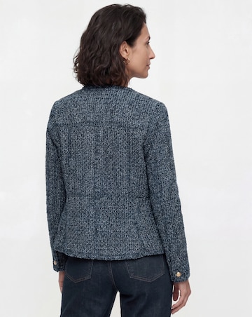 Indigo Boucle Peplum Collarless Denim Jacket