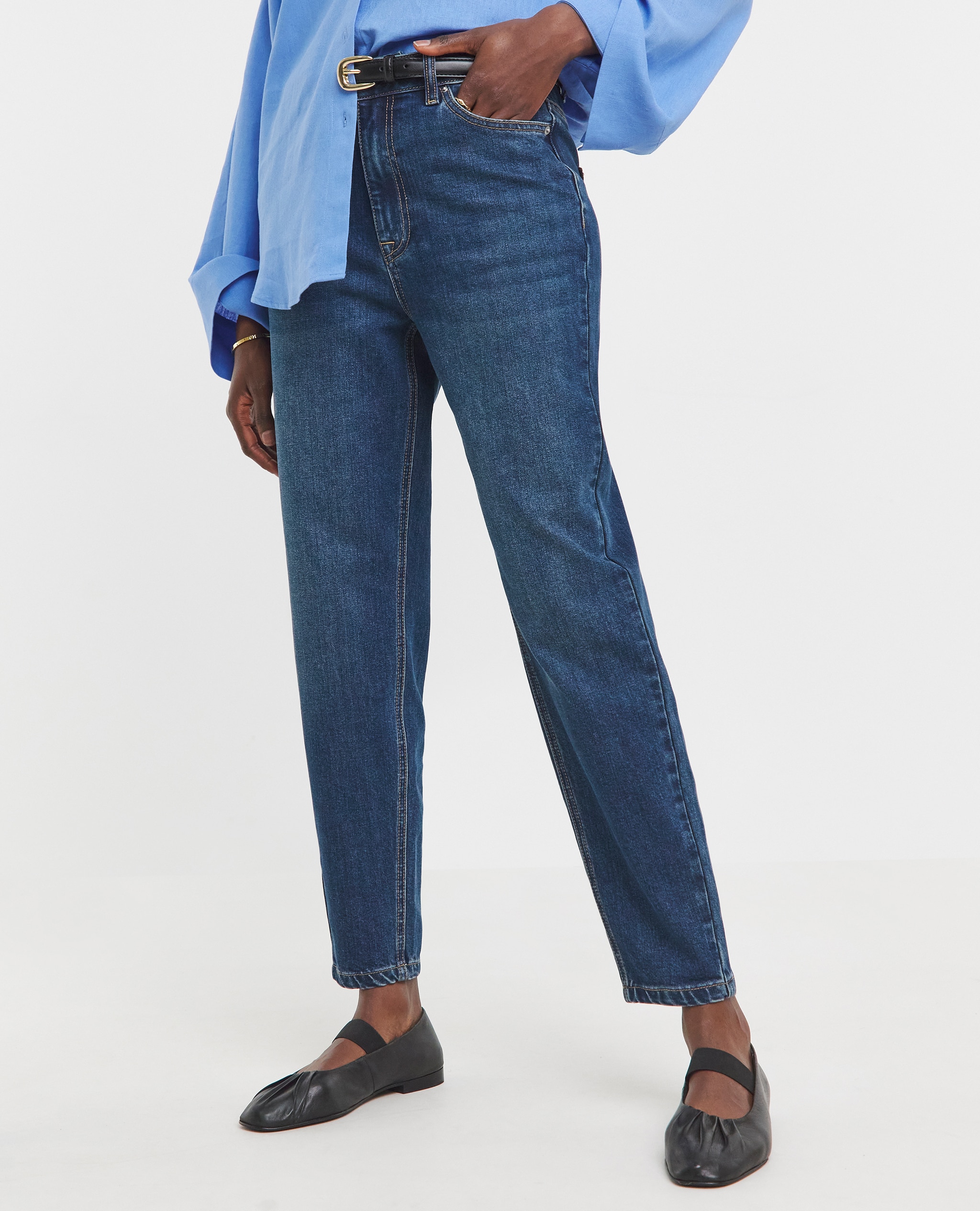 Mom. Model wears Mid Blue Mom Jeans