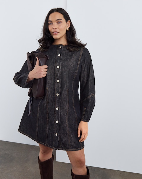Indigo Denim Button Front Mini Dress