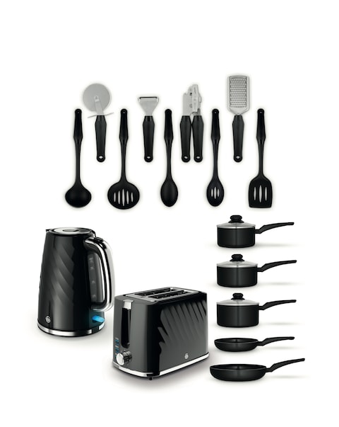 Swan Black Kettle, Toaster, pan + tool