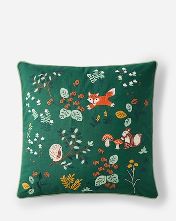 Forest Friends Embroidered Cushion - Forest Green
