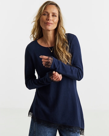 Navy Soft Touch Crew Neck Lace Aysmmetric Longline Top