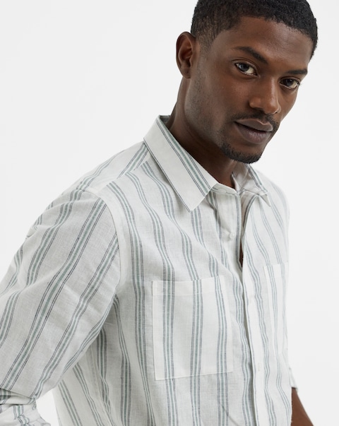 Long Sleeve Double Pocket Stripe Linen Shirt