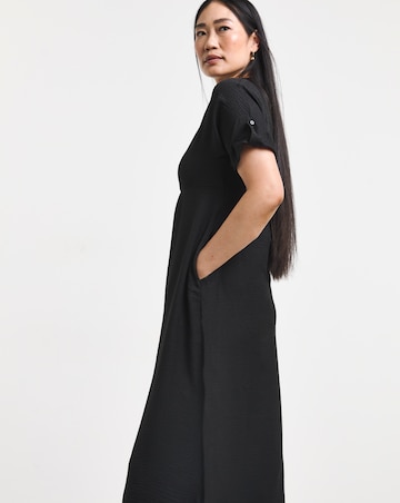 Collarless Placket Detail Smock Midi Dress