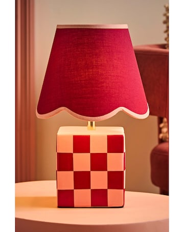 ValueLights Evie Burgundy Checkerboard Table Lamp Pink Scallop Shade