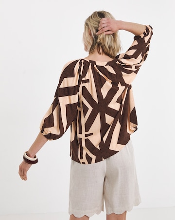 Aztec Print Collarless Button Through Blouse