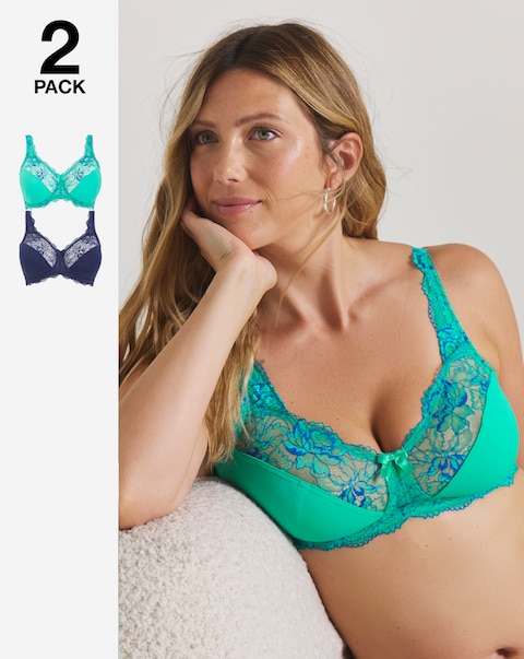 Pretty Secrets (2 Pack) Ella Lace Non Wired Full Cup Bras (C-F) Aqua/Blue