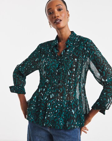 Blue Animal Print Pintuck Peplum Hem Georgette Shirt