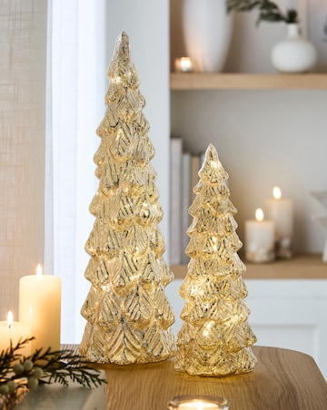 Mercury Glass Antique Gold Set of 2 Light Up Christmas Trees
