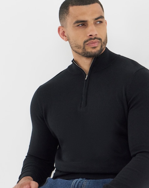 Black Cotton 1/4 Zip Funnel Knit Top