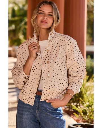 Sosandar Funnel Neck Polka Dot Denim Jacket With Gold Trims