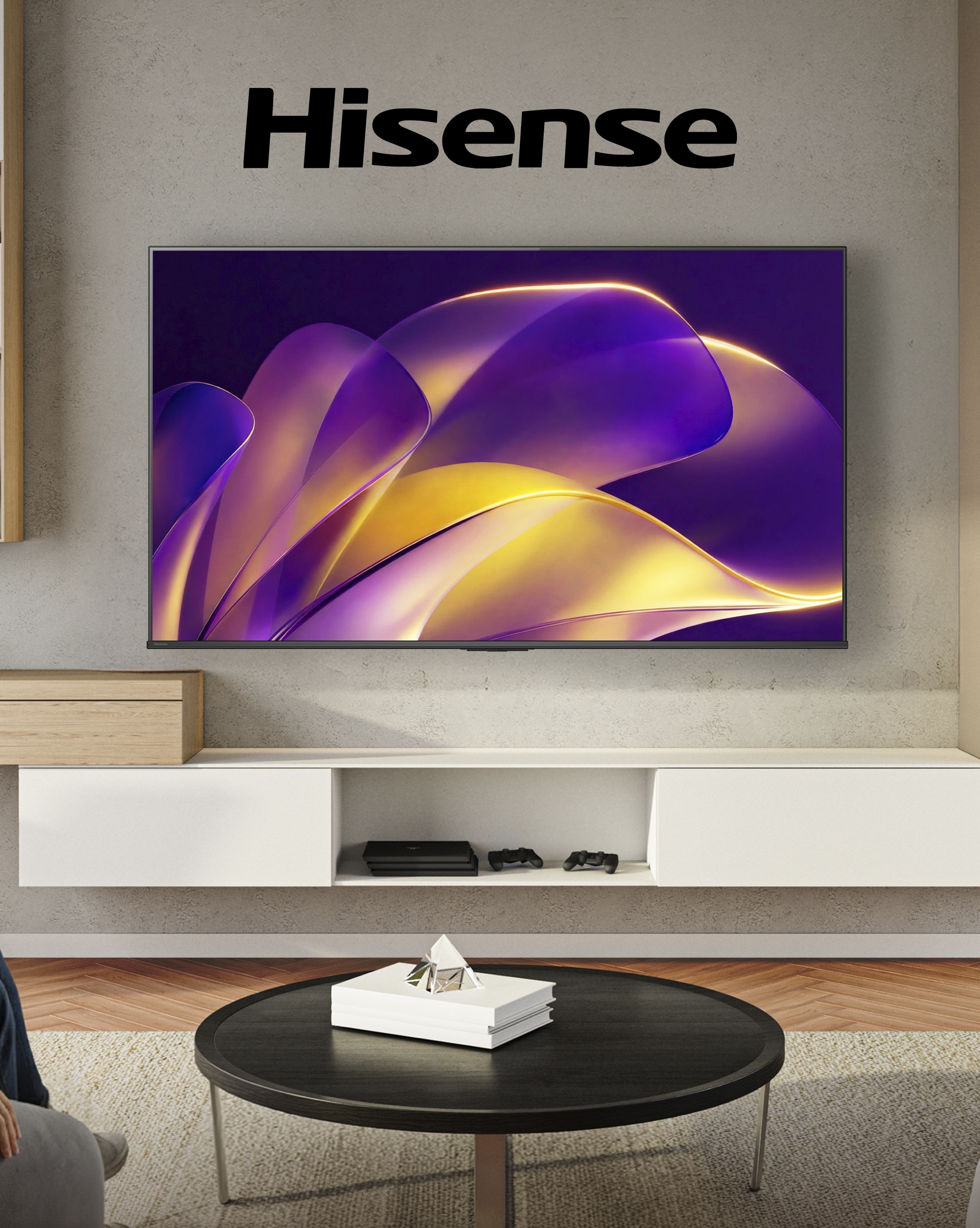 A Hisense TV mounted on a wall.