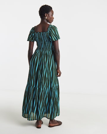 Printed Shirred Flutter Sleeve Dress