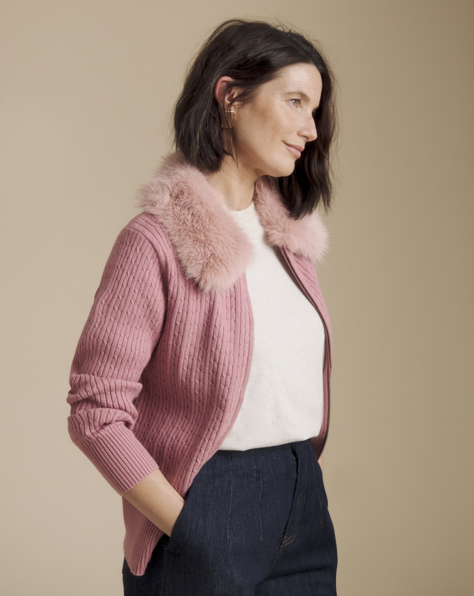 Julipa Cable Zip Through Fur Collar Cardigan


