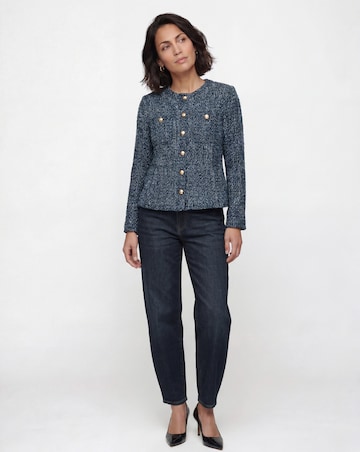 Indigo Boucle Peplum Collarless Denim Jacket
