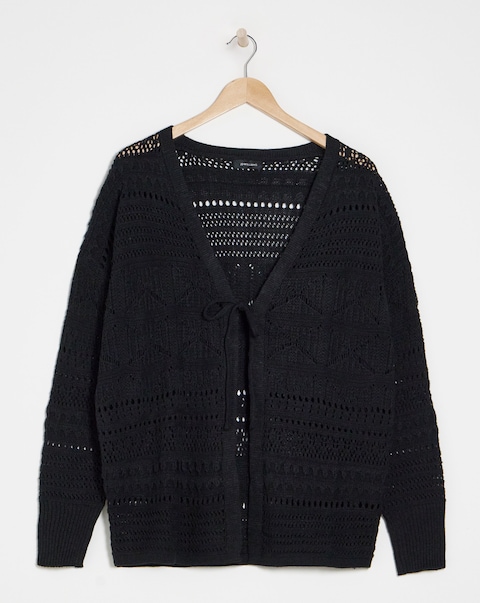 Black Tie Front Crochet Cardigan