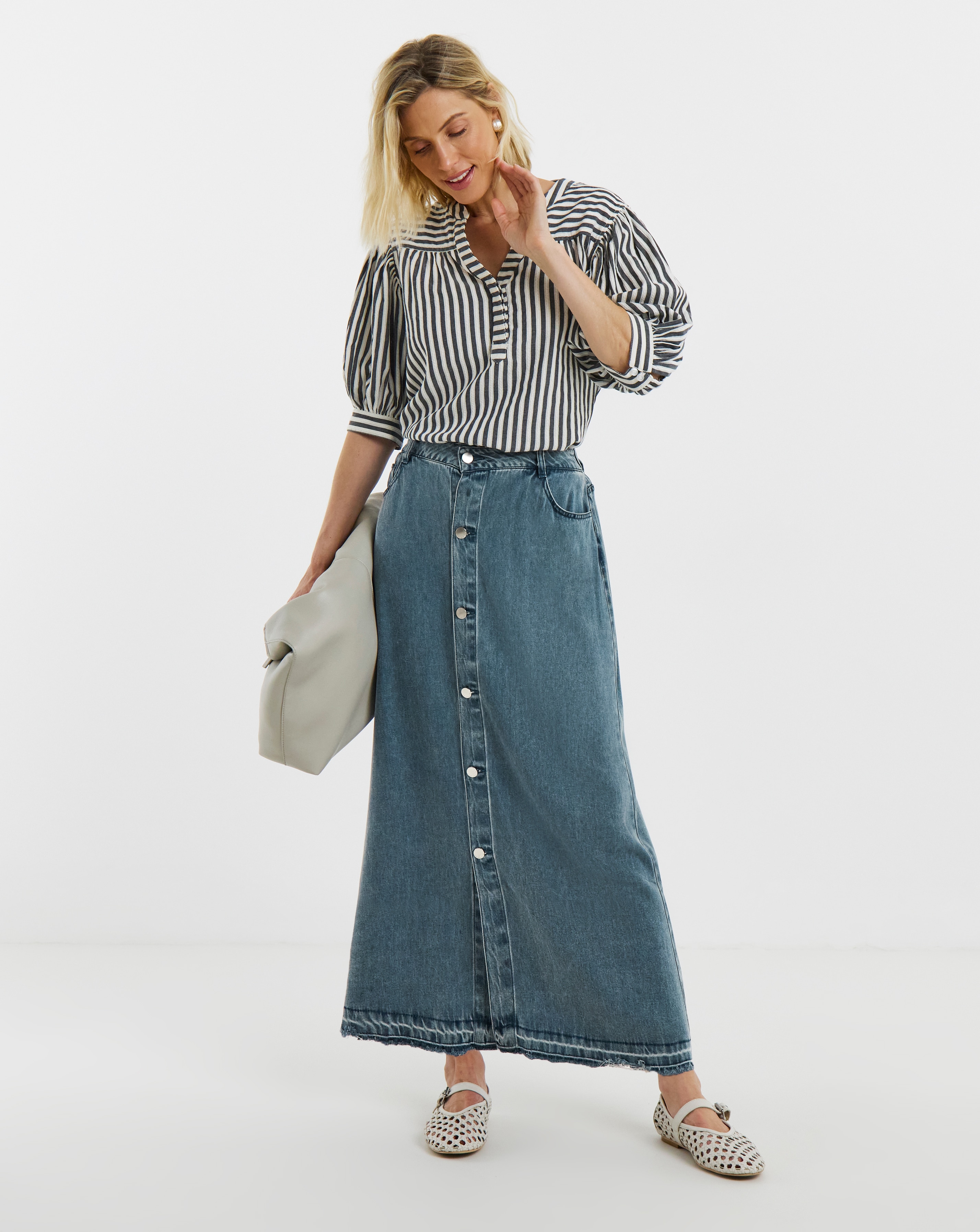 Button Front Midi Denim Skirt with Tencel™ Lyocell | JD Williams