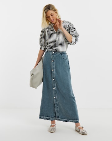 Button Front Midi Denim Skirt with Tencel TM Lyocell