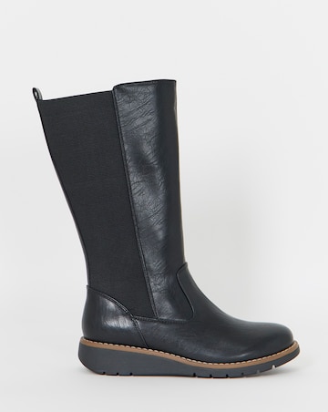 Cushion Walk Elasticated Back Wedge Calf Height Boots - Wide Fit (E)