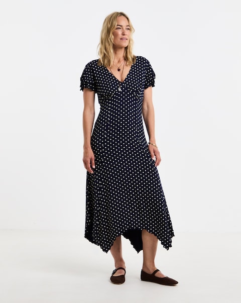 Navy Spot Flutter Sleeve Hanky Hem Midi Dress