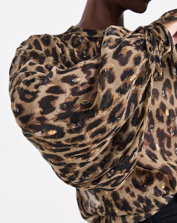 Leopard Foil Print High Neck Exaggerated Sleeve Blouse