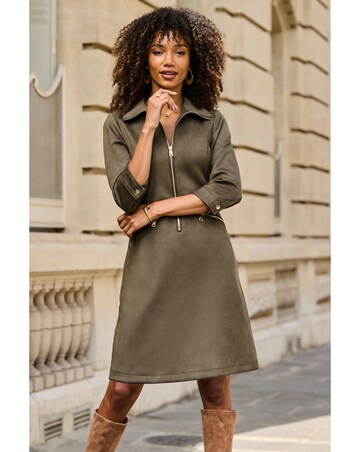 Sosandar Zip Though Luxe Faux Suede Dress