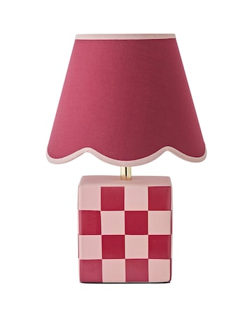ValueLights Evie Burgundy Checkerboard Table Lamp Pink Scallop Shade