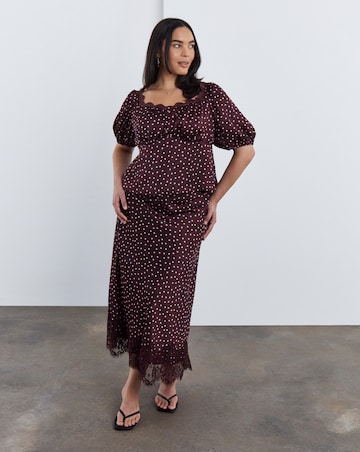 Simply Be Burgundy Spot Satin Midaxi Skirt With Lace Trim