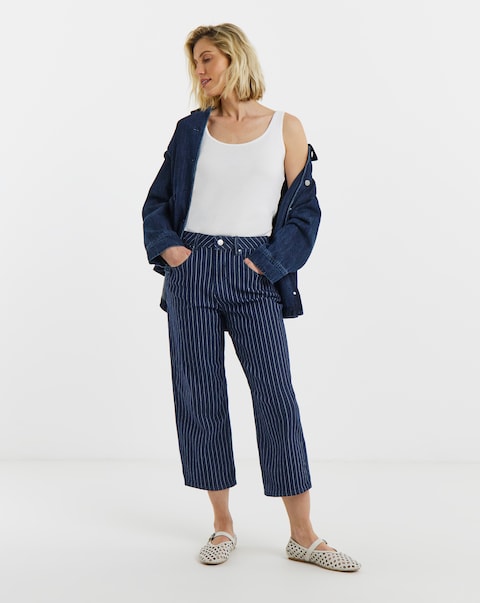 Indigo Stripe Straight Crop Jeans