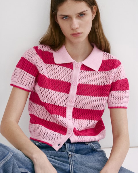 Mango Striped Openwork Knitted Cardigan
