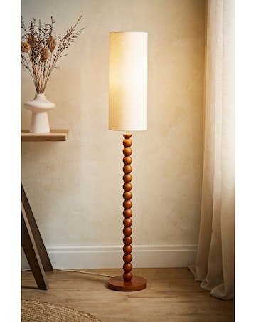ValueLights Wyatt Wood Bobble Floor Lamp With Tall Linen Shade