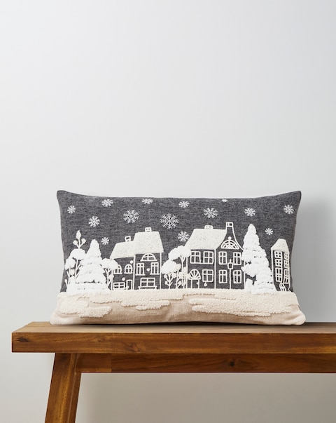Winter Village Embroidered Velvet Cushion