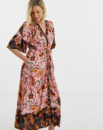 Pink Floral Border Print Frill Sleeve Maxi Dress