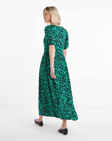 Green Animal Print Jersey Detail Midi Dress